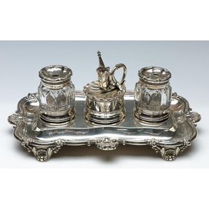 A William IV sterling silver ink set of two lidded pots and…