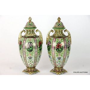A pair of Noritake porcelain covered vases, baluster vases in…