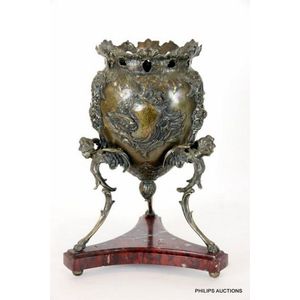 A French bronze urn on a marble base, 19th century, the…