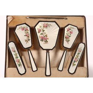 George V sterling silver & enamel dressing table set,&hellip;