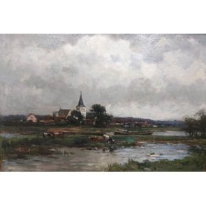 Dutch oil painting a country church. Oil on board. Signed lower…