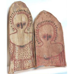 Two small Wandjina on bark, artist unknown 1960's-1970's in red…