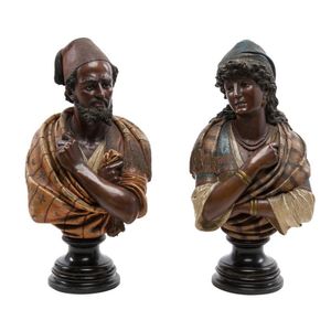 A pair of French Orientalist figural painted terracotta busts,…