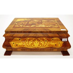 Inlaid wooden jewellery box inlaid scene of figures to lid and…