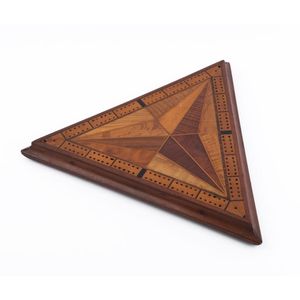 A triangular cribbage board made from assorted Australian…