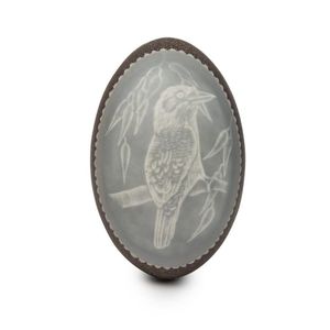 A carved emu egg decorated with a kookaburra and two snakes, 14…