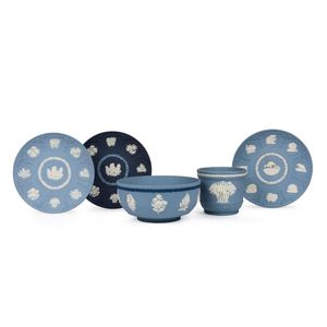 Six Bavarian fruit decorated plates, Wedgwood blue jasper ware