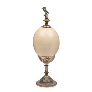 A silver plate mounted ostrich egg, with a classically…