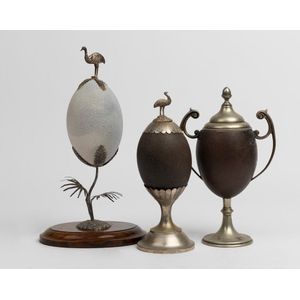 Three Australian silver plate mounted emu eggs, 19th century,…