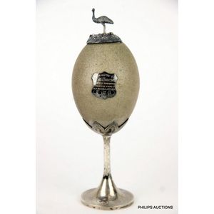 A Colonial silver mounted emu egg with presentation plaque,…