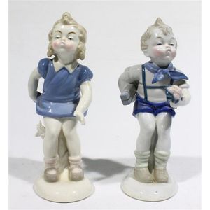 Antique German Bisque Porcelain Figurines Boy & Girl In Blue 1800's #4813  RARE