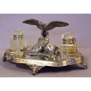 Silver plated eagle topped desk set, with crystal ink wells…