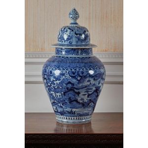 A rare garniture of three Arita blue and white lidded vases,…