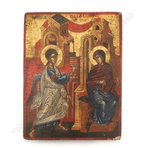 A decorative East European icon, depicting two female saints,…