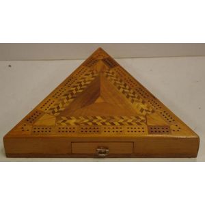 Inlaid Australian timber cribbage board, with card drawer