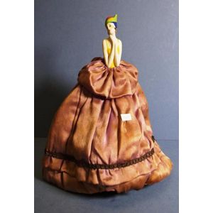 Art deco German half doll, with padded full dress to base,…