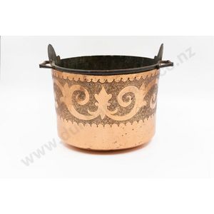 Copper coal bucket with iron swing handle and engraved wide…