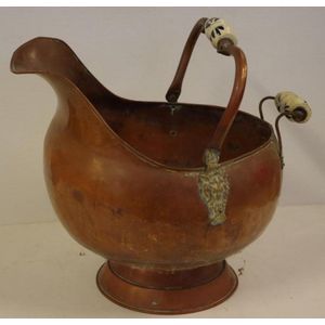 Copper coal scuttle with ceramic blue and white handle