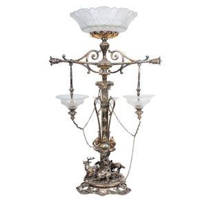 Centrepiece, EPNS Elkington, 1850, scalloped edge cut glass top…