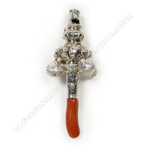 A Victorian silver and coral baby rattle, traditional form,…