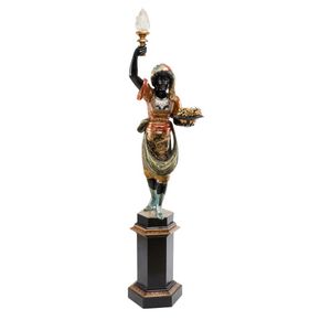 A Venetian polychrome painted wooden blackamoor figural lamp on…