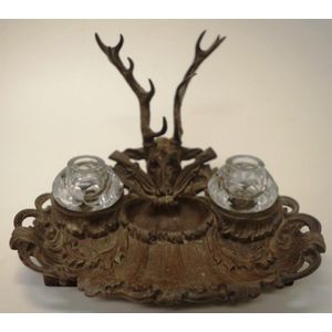 Vintage decorated cast metal Desk Standish surmounted with a…