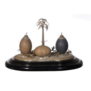 A Colonial silver plate and emu egg centrepiece inkstand, on an…