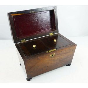 A Victorian tea caddy & rosewood sewing box the caddy in flame…