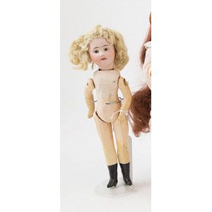 Small SFBJ bisque doll, dark stationary eyes, red nylon wig on…