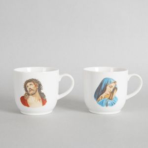 A pair of Paul Hartigam Jesus and Mary cups, height 8.5 cm,…