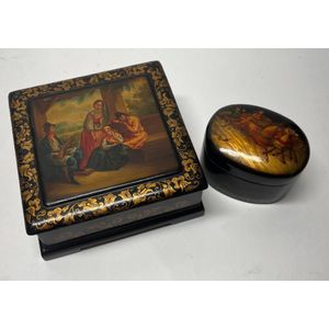 Two European timber lacquerware trinket boxes with figural…