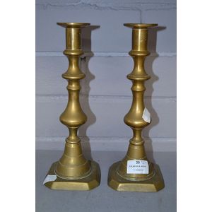 English Georgian Brass Beehive and Diamond Push-Up Candlesticks - a Pair