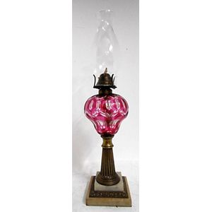 Ruby Red Globe Brass Pillar Table Lamp White Marble Base Vintage