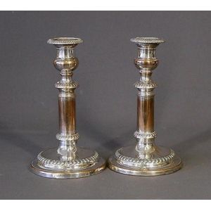 Pair Sheffield plate silver telescopic candle sticks. Gadroon…