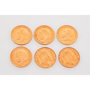 Six gold full sovereigns, King Edward II and George V,…