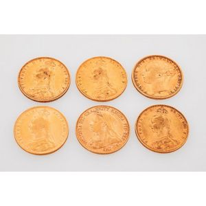 Six gold full sovereigns, Queen Victoria, Australia, two Sydney…