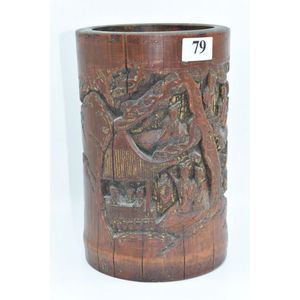 Bamboo brush pot decorated with carved plants and a poem in low relief,  19th century-20th century 