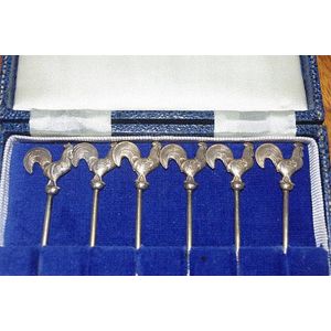Six gilded sterling silver rooster cocktail sticks in original…
