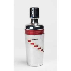 An Art Deco chrome and red cocktail shaker, French, circa 1930.…