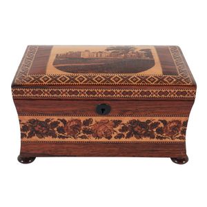 Tunbridge ware tea caddy 19th century, rosewood & fruitwood,…