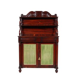 Regency chiffonier fiddleback rosewood, two shelf back with…