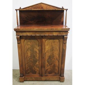 A Regency mahogany chiffonier, the architectural backboard…