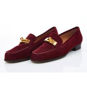 Hermes Rouge Suede Loafers with Gold Buckle, Size 38.5 - Footwear ...