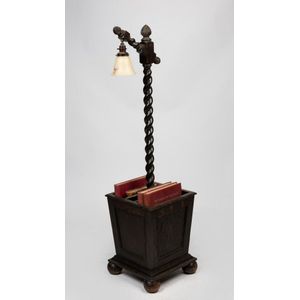 A vintage oak barley twist book caddy with an alabaster lamp,…