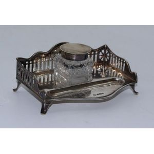 Sterling silver inkwell, hobnail glass central inkwell with…