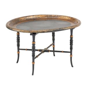 An early Victorian lacquered papier mache tray on stand, the…