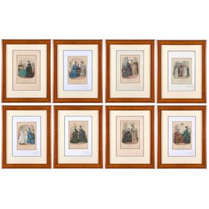 A well-framed set of eight antique French fashion plates, the…