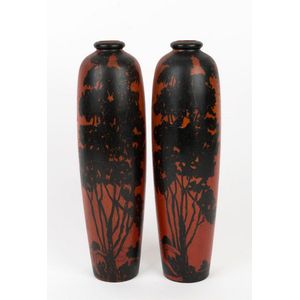 A pair of poker work hand-painted huon pine vases, circa 1920s,…