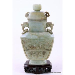 Carved Jade Urn on Stand with Archaistic Mask - Jade - Oriental