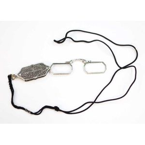 Dainty filigree silver pendant lorgnette on black cord, case 4.…
